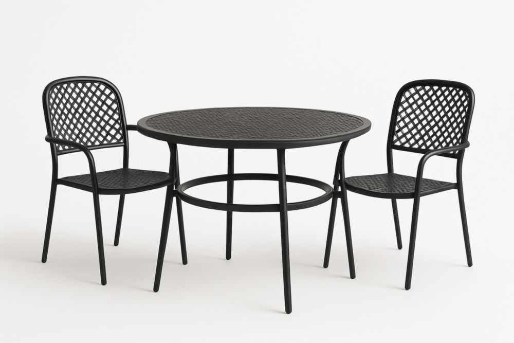 Table ronde avec 2 chaises en métal noir