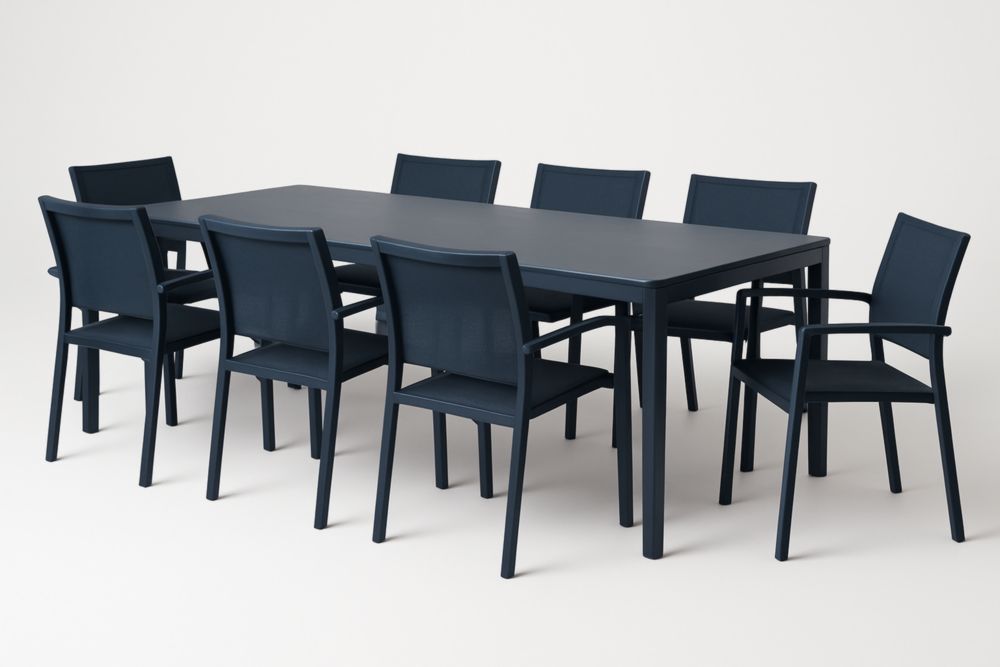 Ensemble de salle à manger avec table et 8 chaises en métal bleu