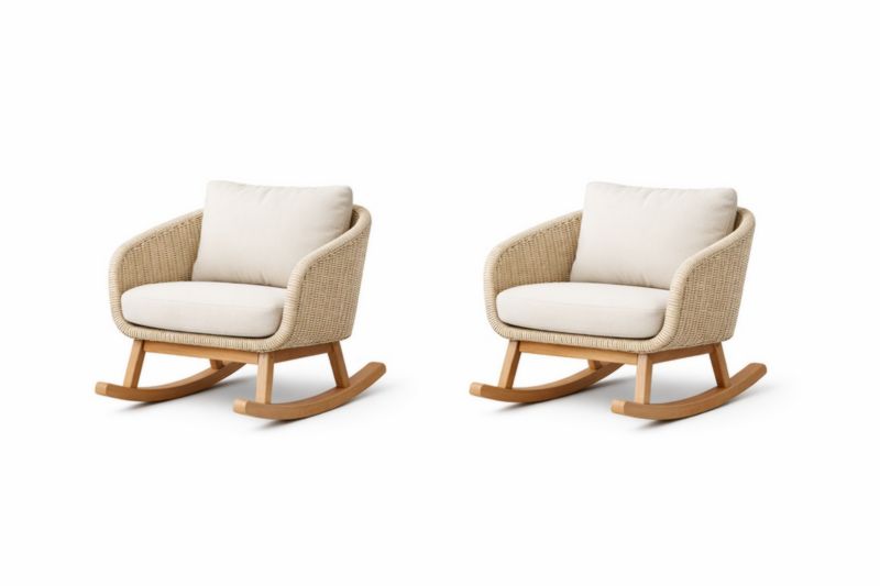 Set de 2 fauteuils à bascule en rotin avec coussins en tissu crème