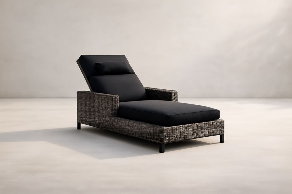 Chaise Longue Extérieure Résine Tressée Noir Coussins Réglables