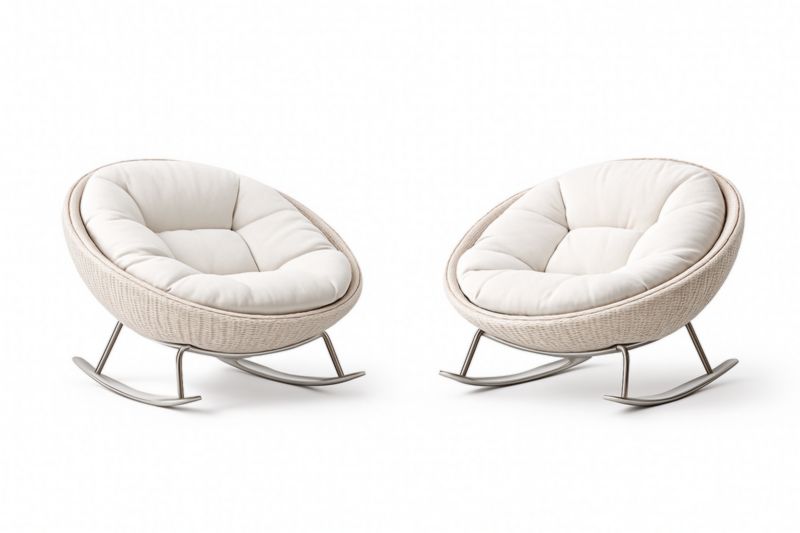 Lot de deux fauteuils à bascule en rotin et acier inoxydable avec coussins blancs