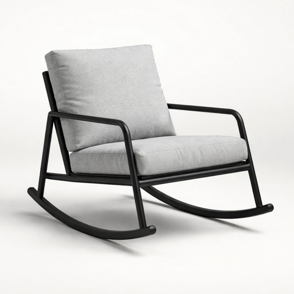 Fauteuil à bascule en métal avec coussins en tissu gris
