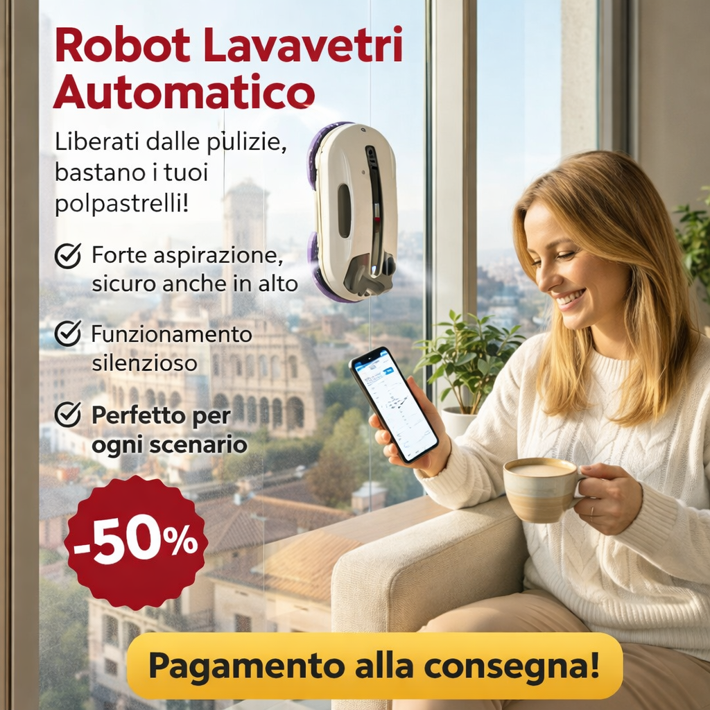 Robot per la pulizia di vetri a ultrasuoni con funzione di spruzzo automatico e potente aspirazione.