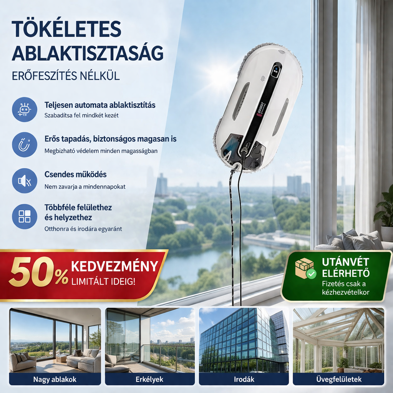 Ultrahangos ablaktisztító robot automatikus permetezéssel és erős szívással