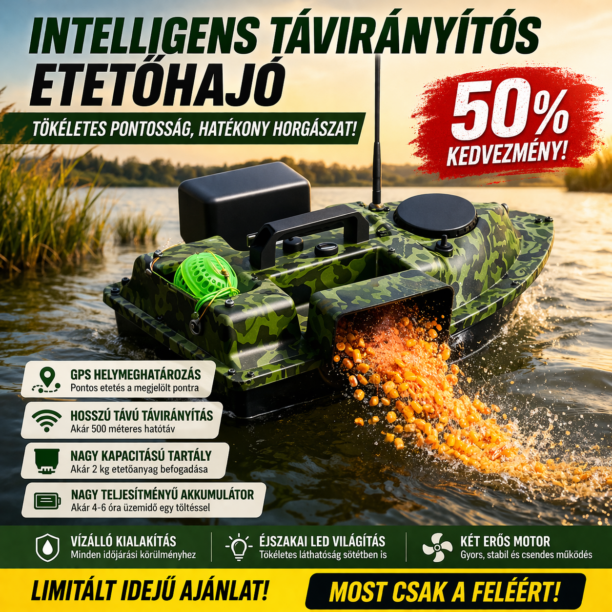 Intelligens, mesterséges intelligenciával hajtott csalicsónak független háromkamrás csalitöltéssel, automatikus irányjelzővel a halak helyének meghatározásához és nagy hatótávolságú, távirányítású horgászcsónakkal.