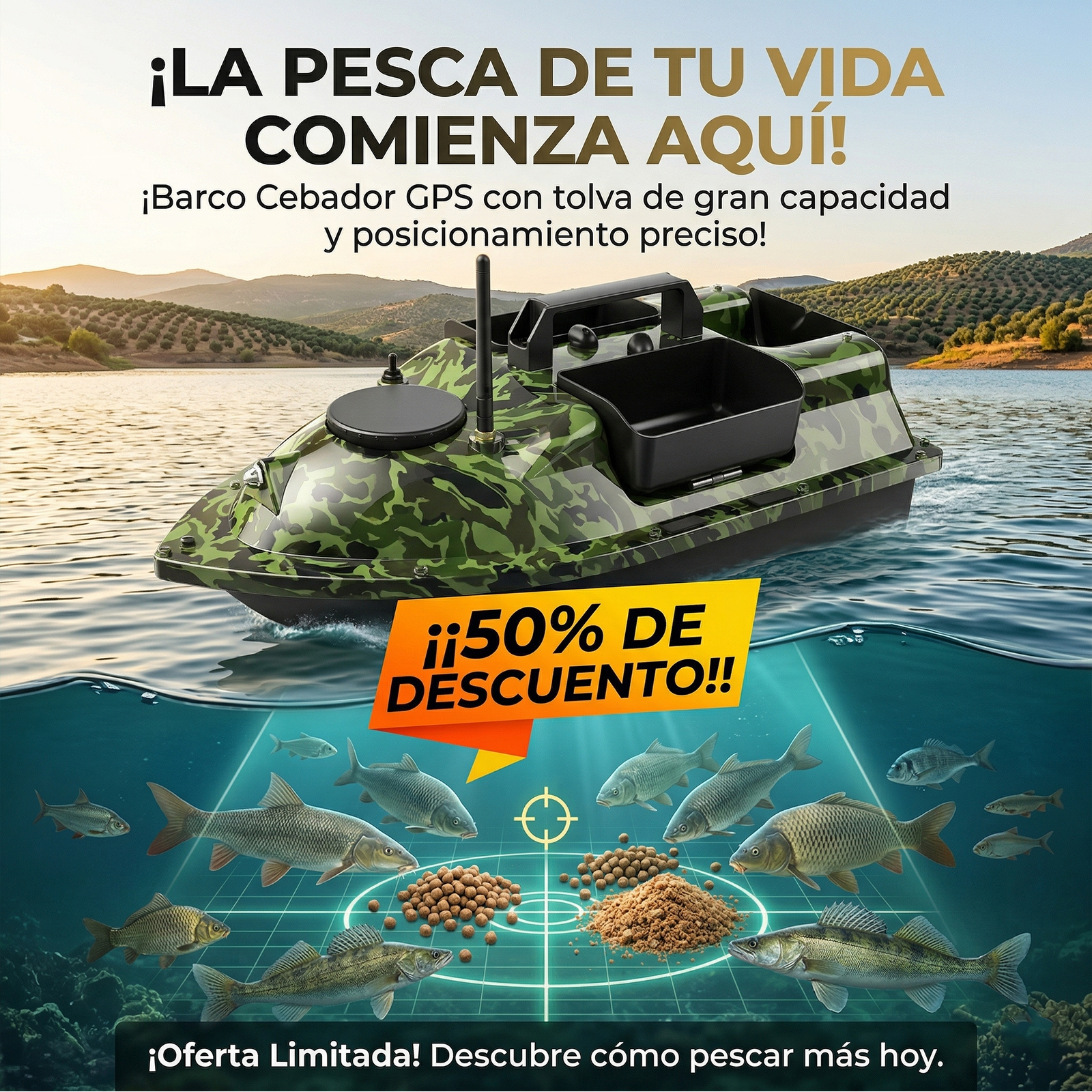 Embarcación cebadora inteligente con inteligencia artificial, sistema de carga de cebo independiente de tres cámaras, indicador de dirección automático para localizar peces y control remoto de largo alcance.