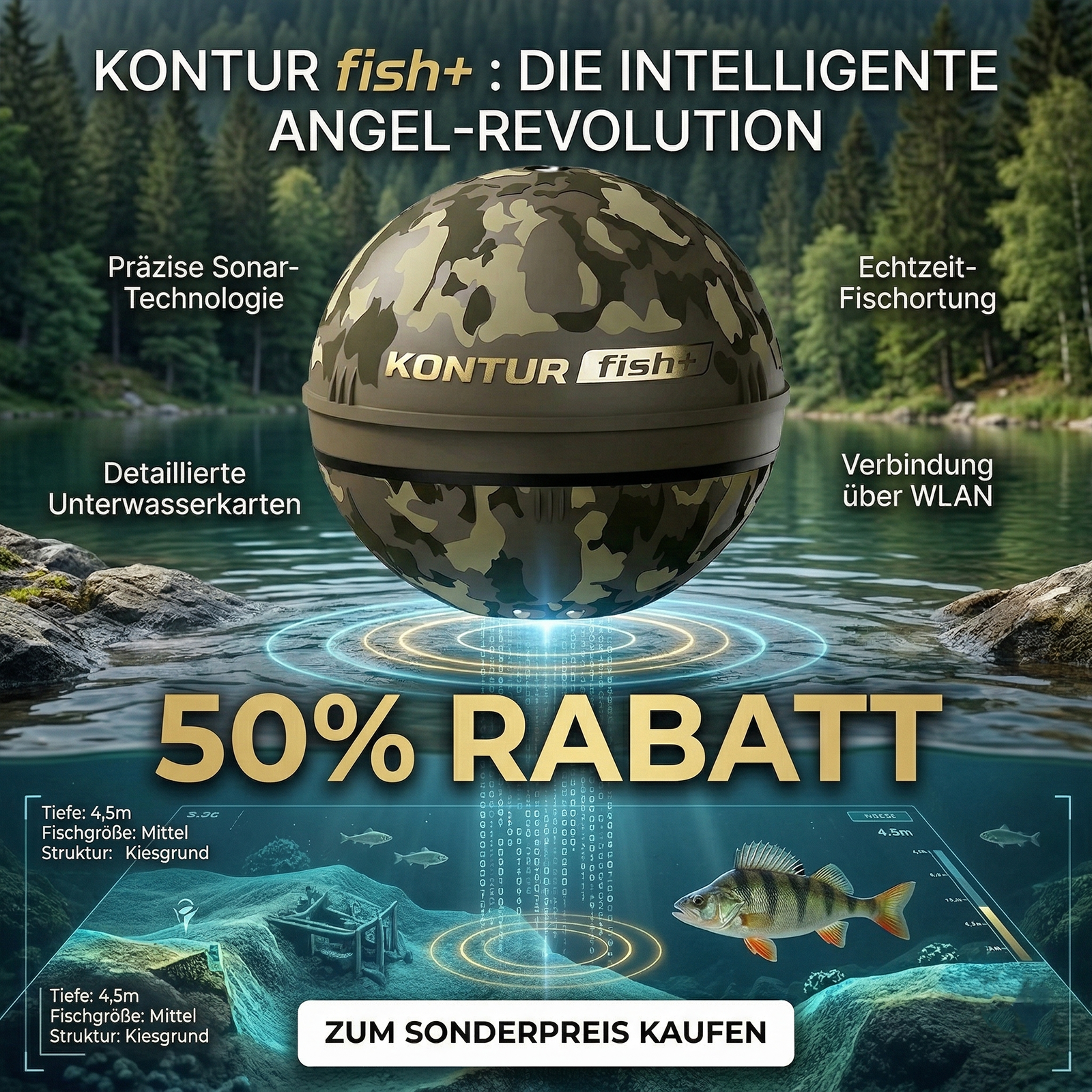 Fischortung mittels künstlicher Intelligenz, 2D- und 3D-Kartierung der Unterwasserhärte und -vegetation. Das fortschrittlichste intelligente, auswerfbare Echolot, das je entwickelt wurde.