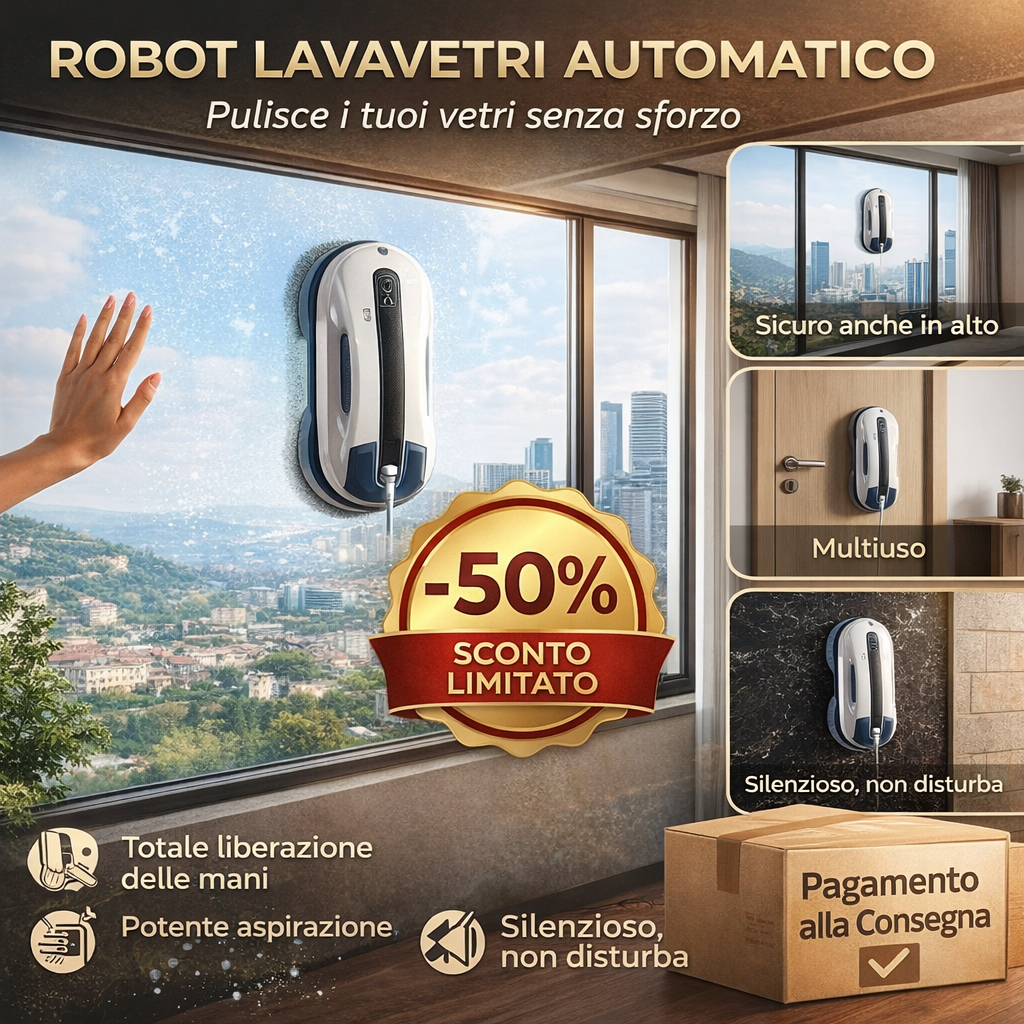 Robot per la pulizia di vetri a ultrasuoni con funzione di spruzzo automatico e potente aspirazione.