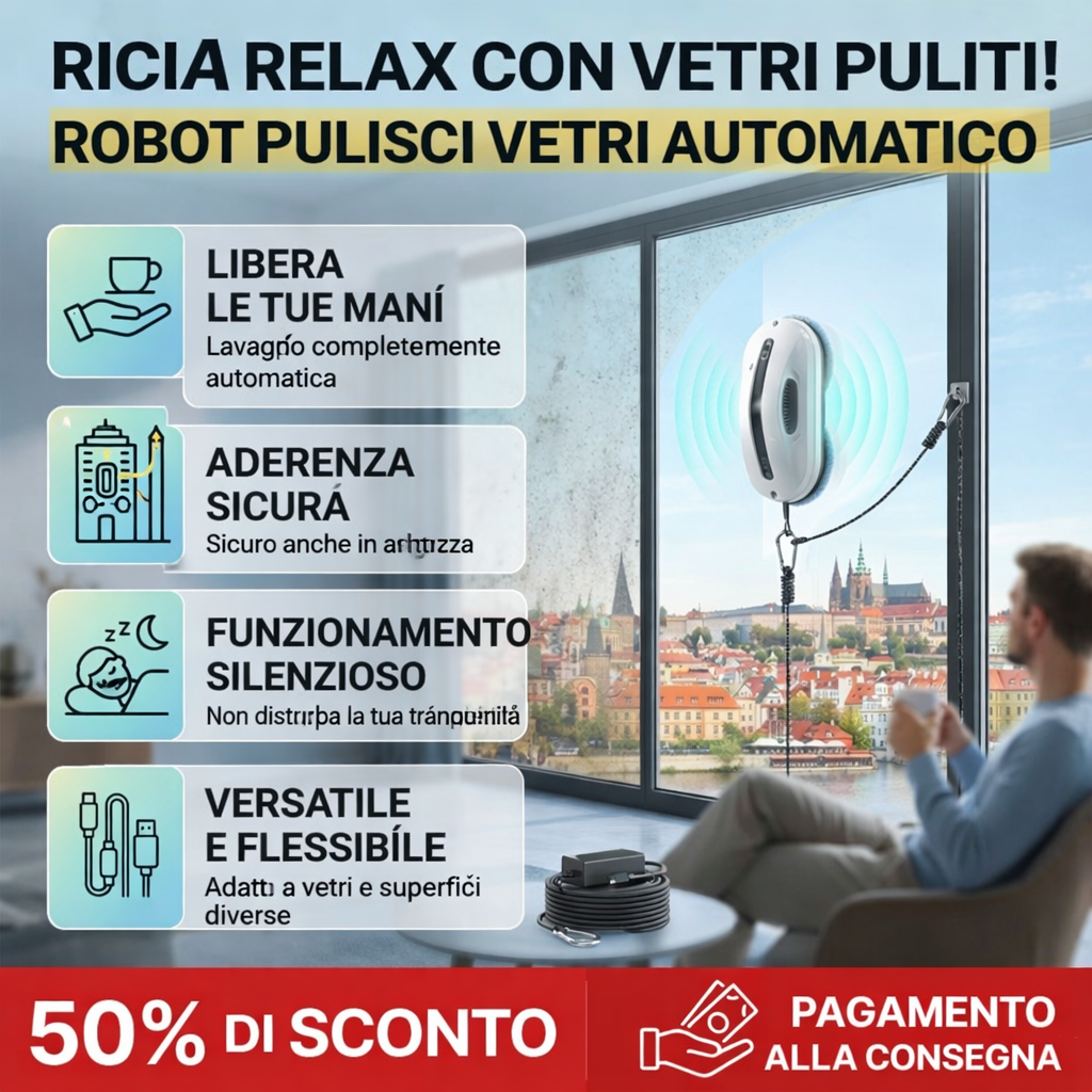 Robot per la pulizia di vetri a ultrasuoni con funzione di spruzzo automatico e potente aspirazione.