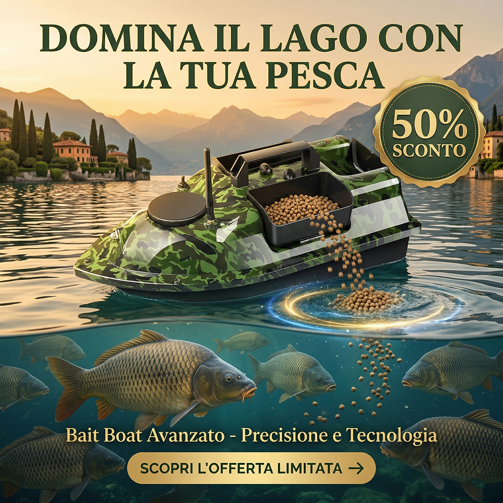 Barca per esche intelligente, dotata di intelligenza artificiale, con sistema di riempimento esche indipendente a tre scomparti, indicatore automatico di direzione per individuare i pesci e telecomando a lungo raggio per la pesca.