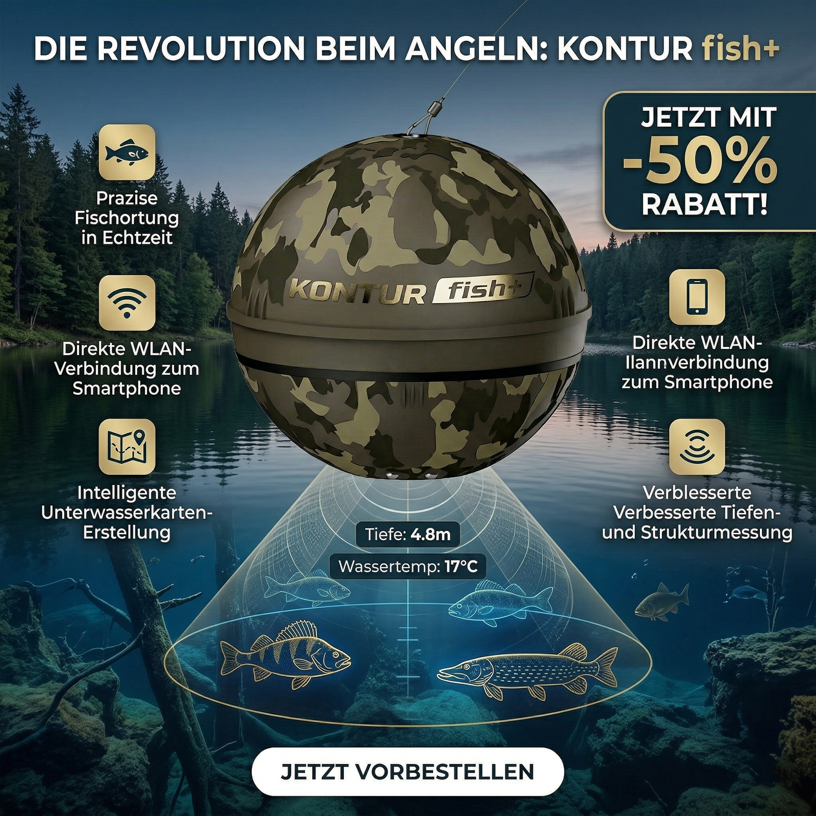 Fischortung mittels künstlicher Intelligenz, 2D- und 3D-Kartierung der Unterwasserhärte und -vegetation. Das fortschrittlichste intelligente, auswerfbare Echolot, das je entwickelt wurde.