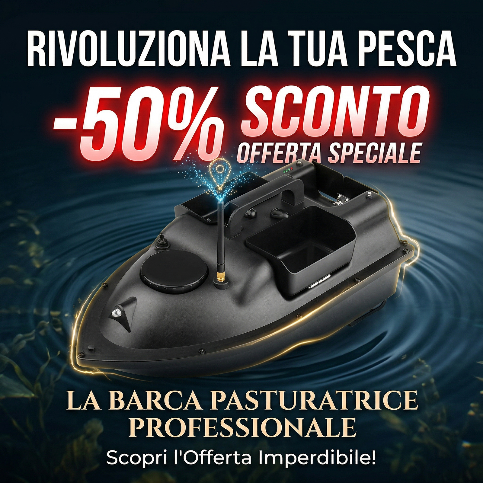 Barca per esche intelligente, dotata di intelligenza artificiale, con sistema di riempimento esche indipendente a tre scomparti, indicatore automatico di direzione per individuare i pesci e telecomando a lungo raggio per la pesca.