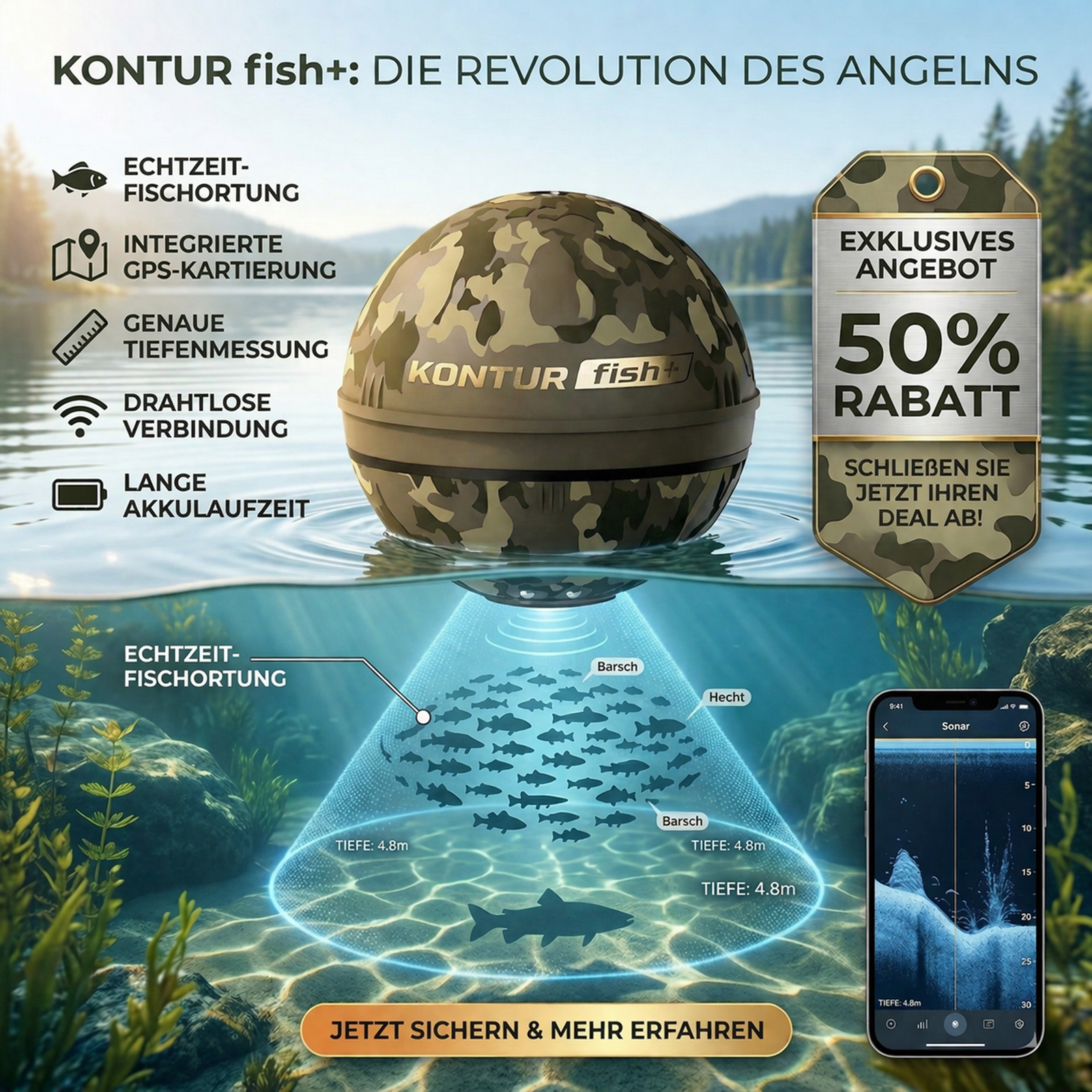 Fischortung mittels künstlicher Intelligenz, 2D- und 3D-Kartierung der Unterwasserhärte und -vegetation. Das fortschrittlichste intelligente, auswerfbare Echolot, das je entwickelt wurde.