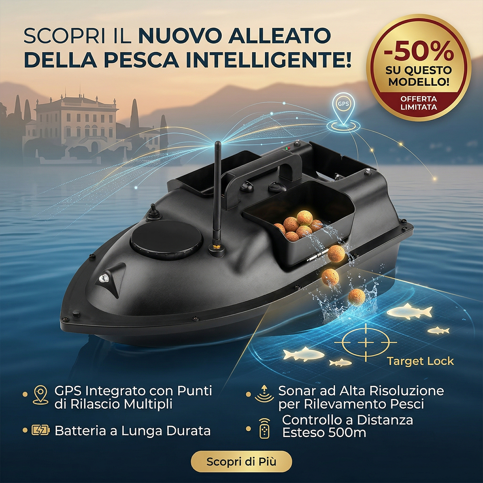 Barca per esche intelligente, dotata di intelligenza artificiale, con sistema di riempimento esche indipendente a tre scomparti, indicatore automatico di direzione per individuare i pesci e telecomando a lungo raggio per la pesca.