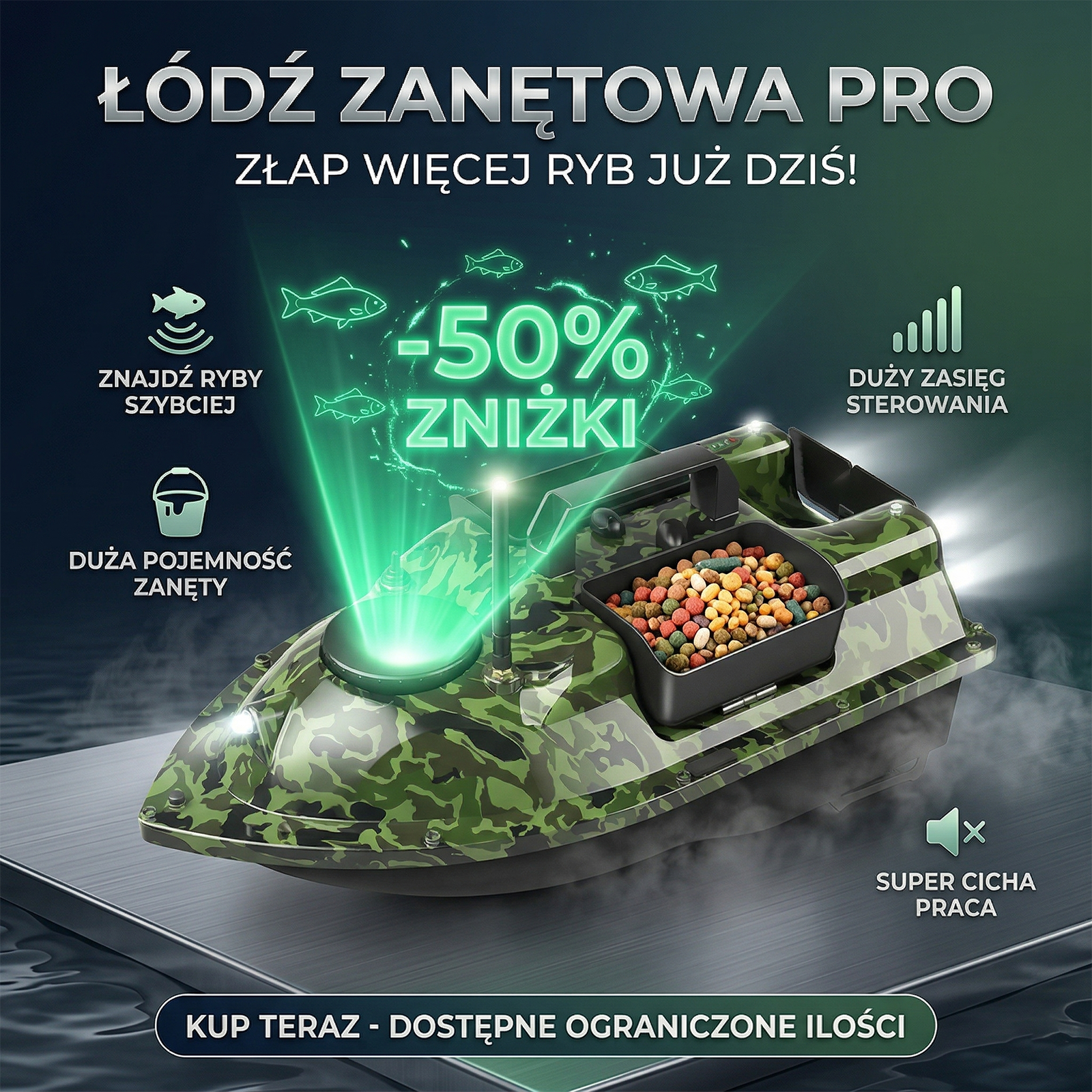 Inteligentna łódź zanętowa z napędem AI, niezależnym, trzykomorowym napełnianiem przynęty, automatycznym wskaźnikiem kierunku lokalizacji ryb i zdalnie sterowaną łodzią rybacką o dużym zasięgu.