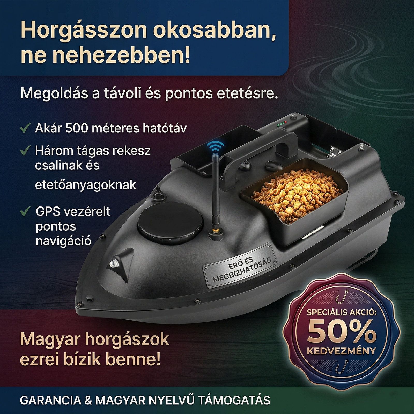 Intelligens, mesterséges intelligenciával hajtott csalicsónak független háromkamrás csalitöltéssel, automatikus irányjelzővel a halak helyének meghatározásához és nagy hatótávolságú, távirányítású horgászcsónakkal.