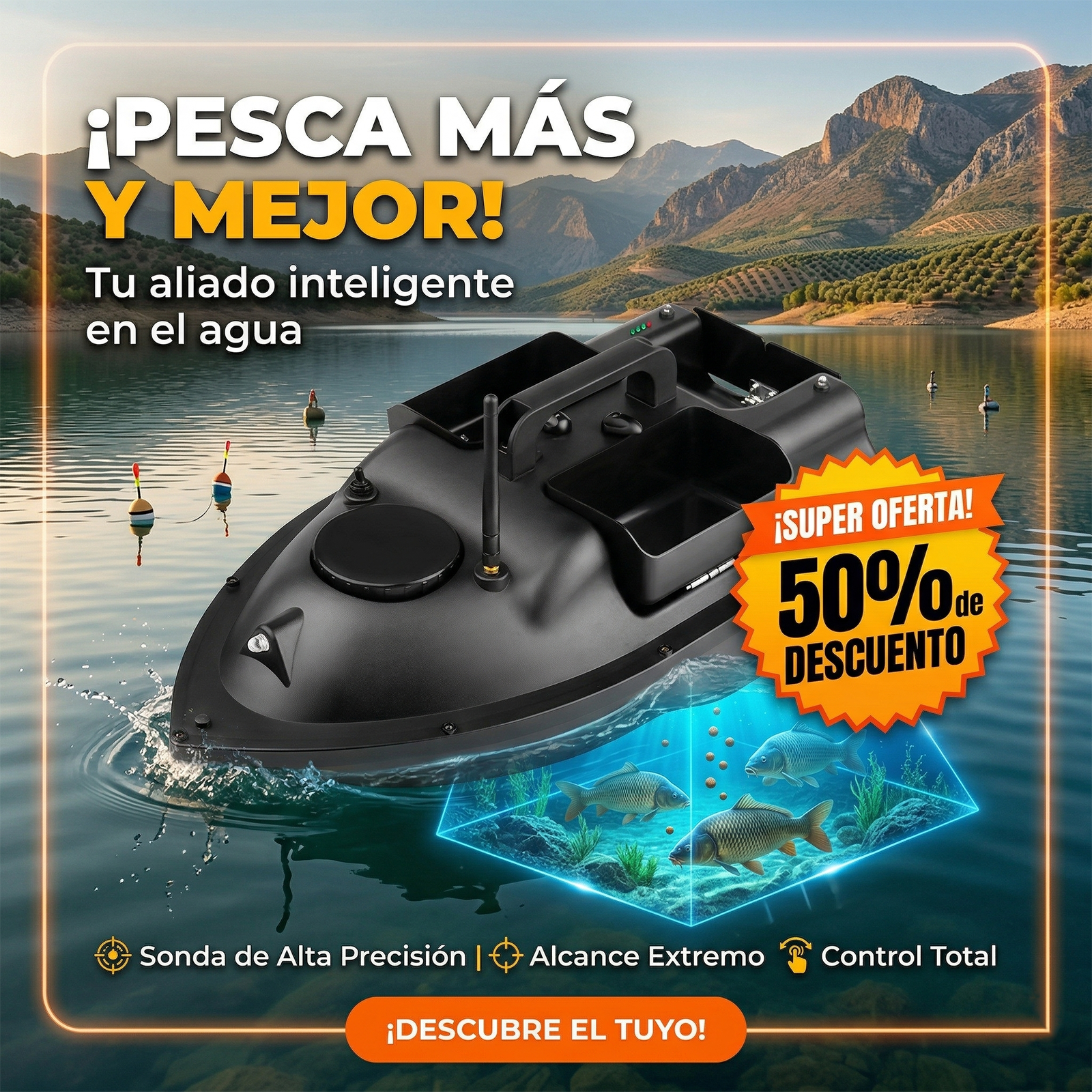 Embarcación cebadora inteligente con inteligencia artificial, sistema de carga de cebo independiente de tres cámaras, indicador de dirección automático para localizar peces y control remoto de largo alcance.