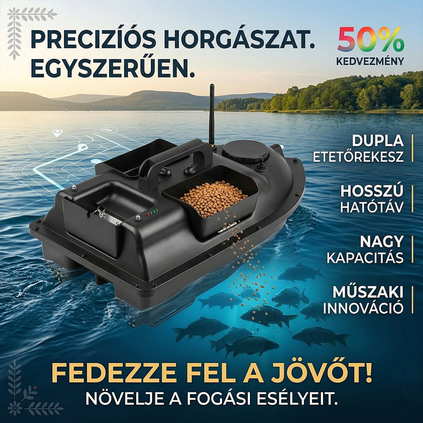 Intelligens, mesterséges intelligenciával hajtott csalicsónak független háromkamrás csalitöltéssel, automatikus irányjelzővel a halak helyének meghatározásához és nagy hatótávolságú, távirányítású horgászcsónakkal.