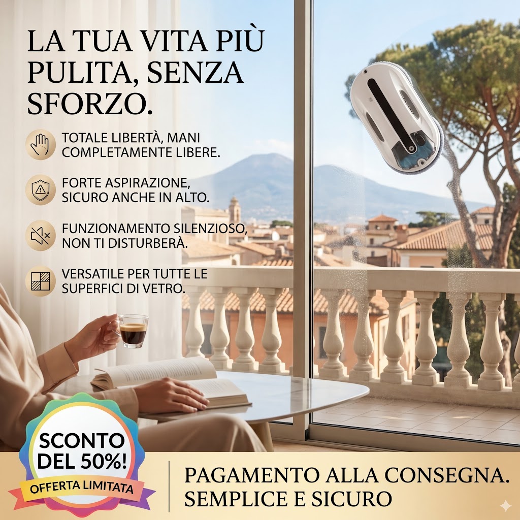 Robot per la pulizia di vetri a ultrasuoni con funzione di spruzzo automatico e potente aspirazione.