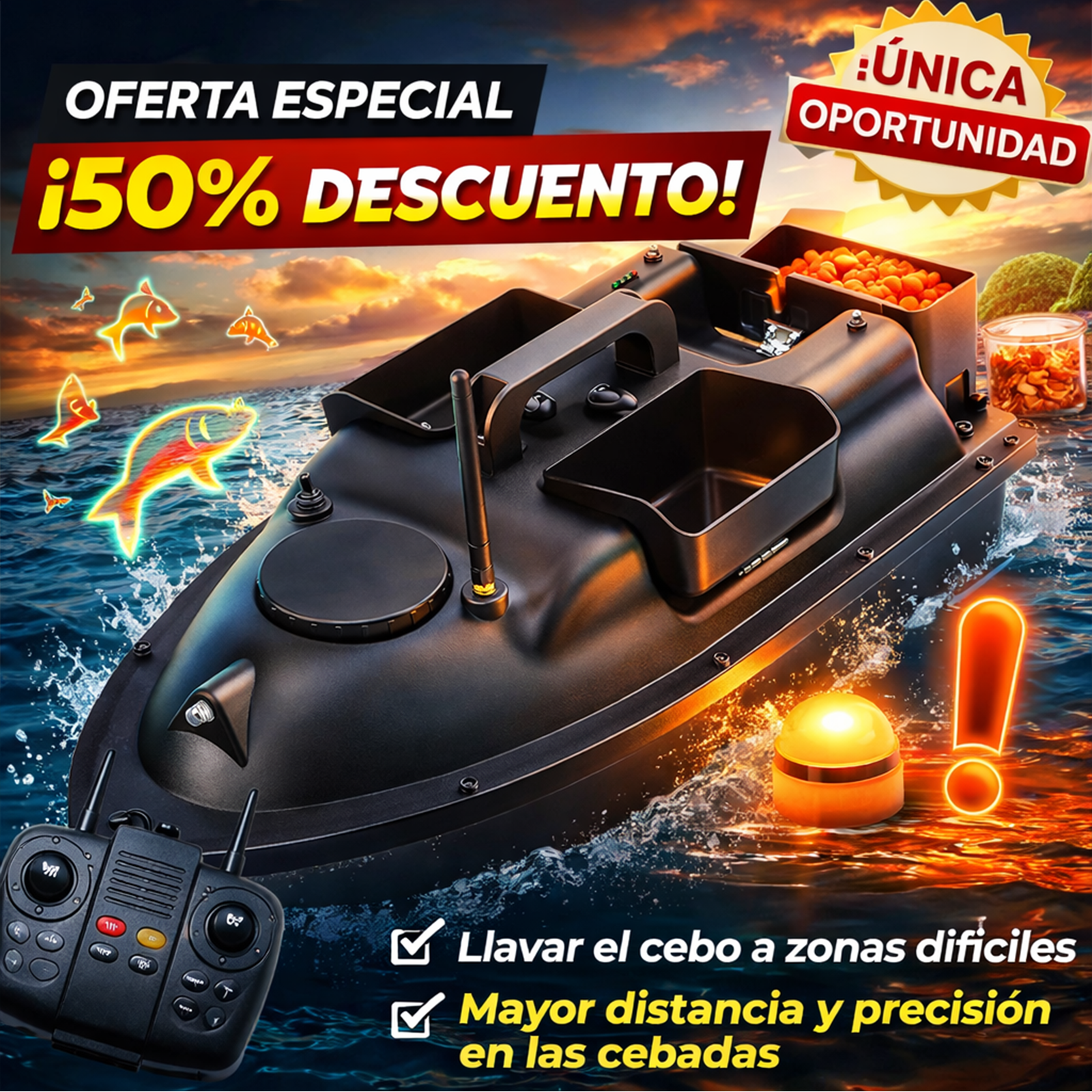 Embarcación cebadora inteligente con inteligencia artificial, sistema de carga de cebo independiente de tres cámaras, indicador de dirección automático para localizar peces y control remoto de largo alcance.