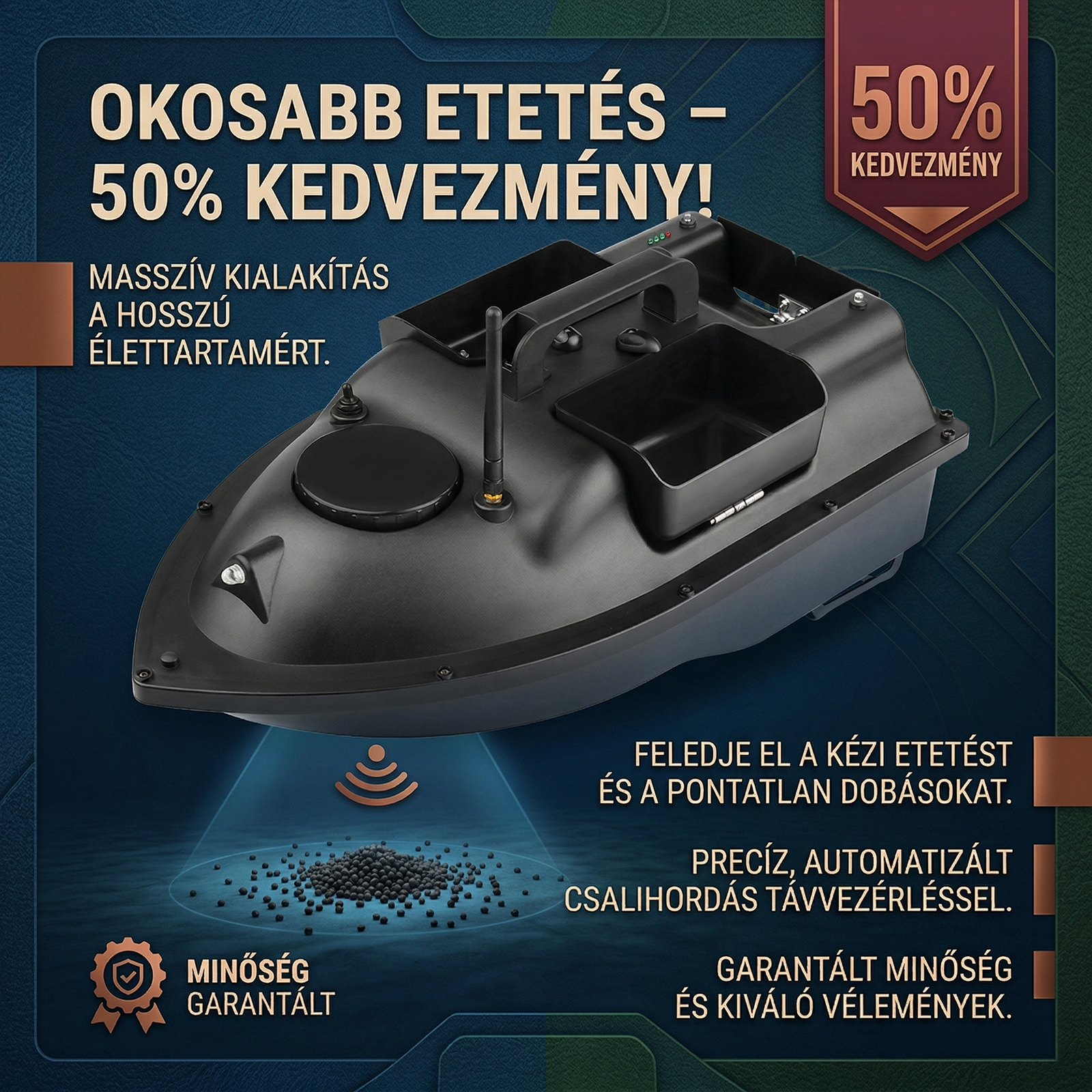 Intelligens, mesterséges intelligenciával hajtott csalicsónak független háromkamrás csalitöltéssel, automatikus irányjelzővel a halak helyének meghatározásához és nagy hatótávolságú, távirányítású horgászcsónakkal.