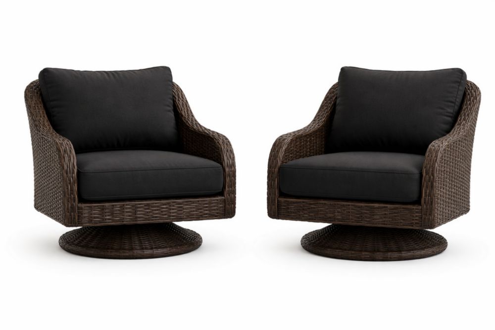 Fauteuil pivotant en rotin synthétique et coussins en polyester noir/marron lot de 2