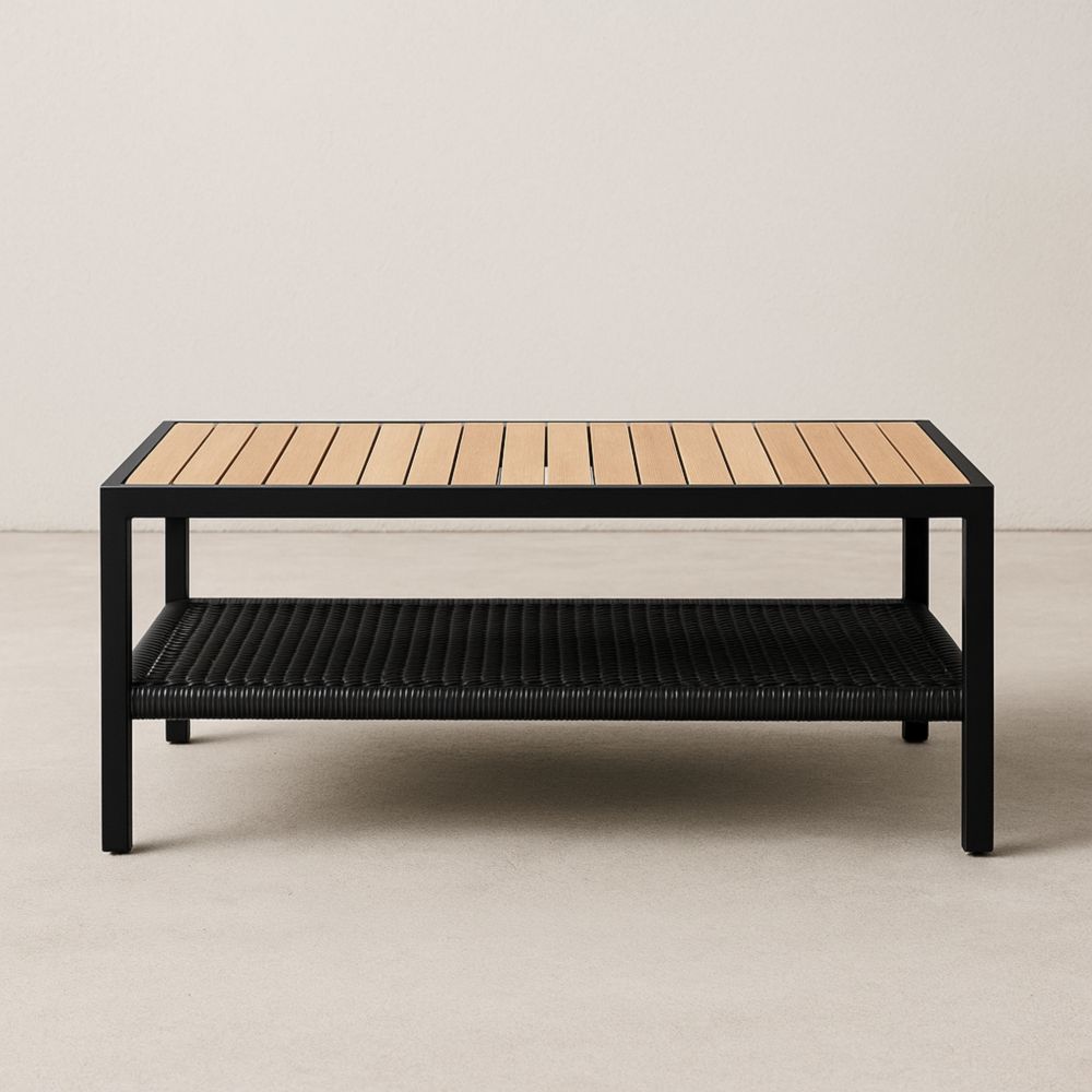 Table basse rectangulaire en aluminium, teck et résine tressée 120 cm