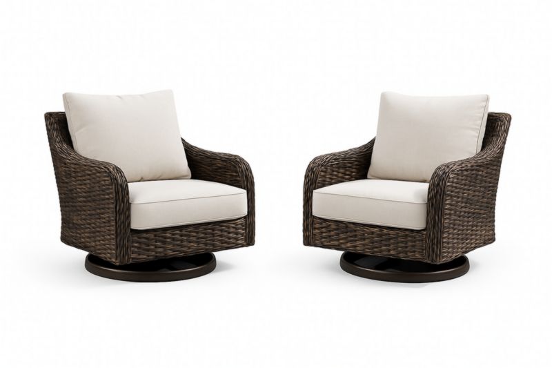 Paire de Fauteuils Pivotants en Résine Tressée Brun avec Coussins Crème