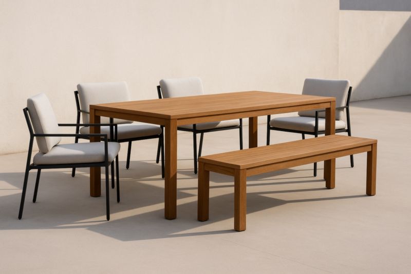 Ensemble de salle à manger extérieur en bois et métal avec table, 4 chaises et banc