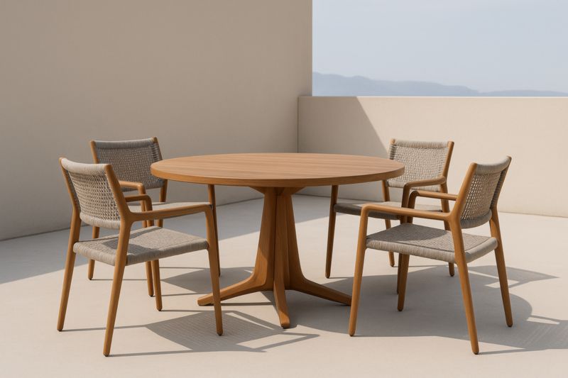 Ensemble de Table Ronde en Bois et Chaises en Fibre pour Extérieur