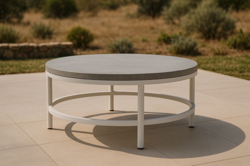 Table basse ronde en béton et métal blanc