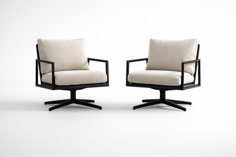 Ensemble de deux fauteuils pivotants cadre en métal avec coussins en tissu beige