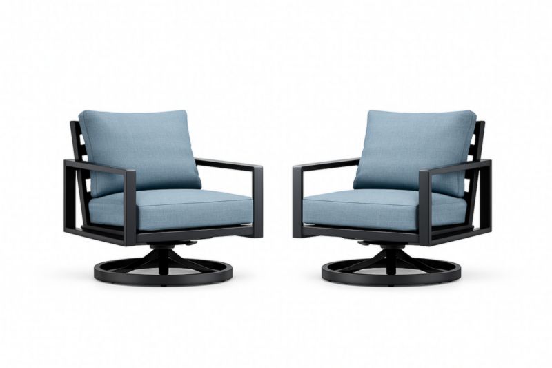 Lot de 2 fauteuils pivotants extérieurs aluminium noir avec coussins bleu