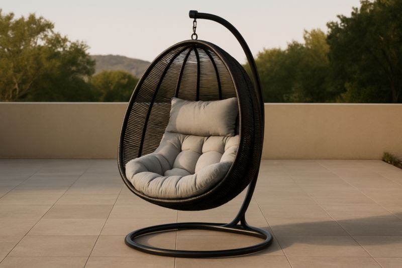 Fauteuil suspendu en rotin synthétique noir avec coussin gris