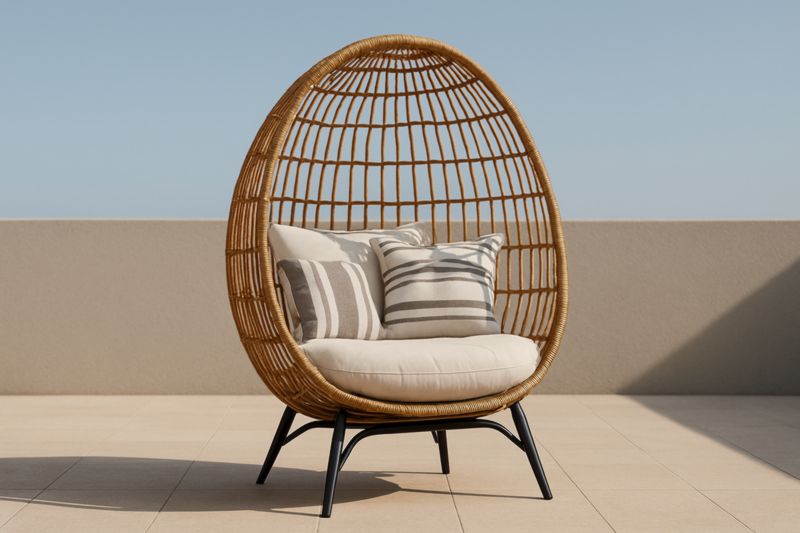 Fauteuil Œuf en Rotin Synthétique Marron avec Coussins en Polyester Crème