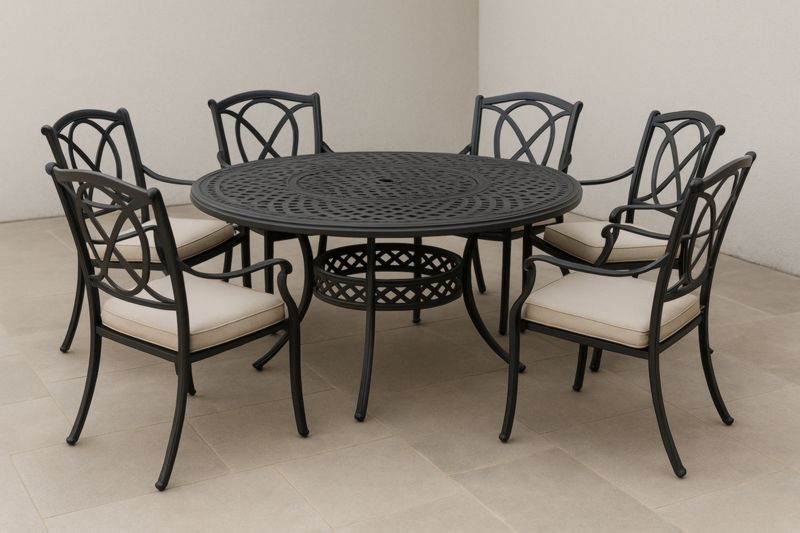 Ensemble de salle à manger extérieur en aluminium noir avec coussins beiges