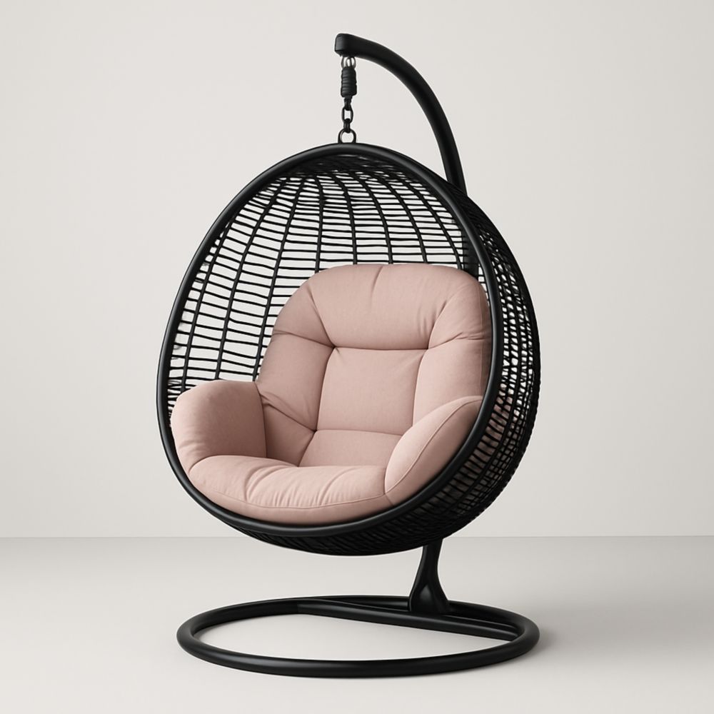 Chaise suspendue en métal et résine noire avec coussin polyester rose