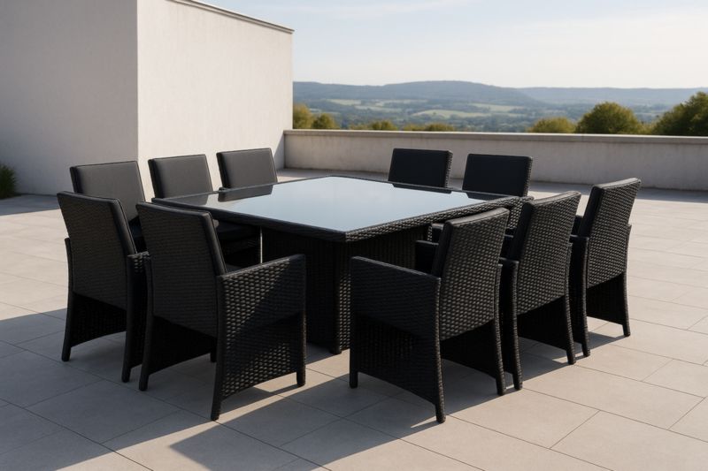 Ensemble de Salle à Manger Extérieure Noir en Résine Tressée et Verre Trempé 10 Places