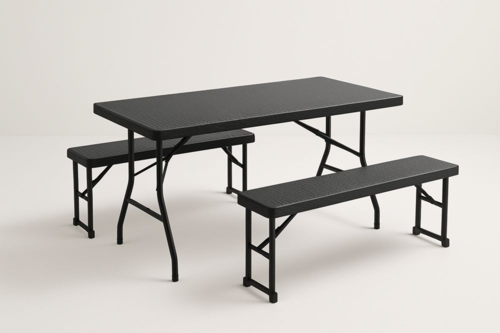 Table pliante rectangulaire en polypropylène noire avec bancs en acier