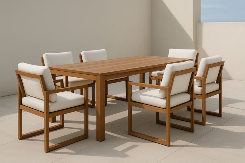 Ensemble table en bois avec 6 chaises et coussins blancs