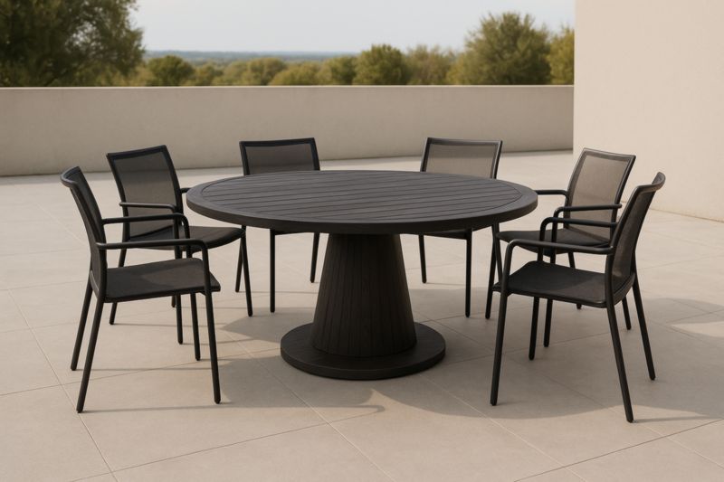 Ensemble de Salle à Manger Extérieure Table Ronde Aluminium Noir 6 Chaises Textilène