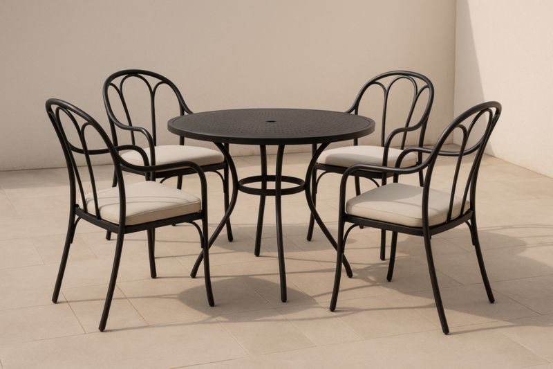 Ensemble mobilier extérieur 5 pièces métal noir avec coussins beiges