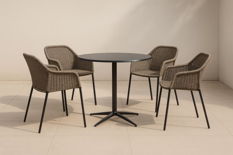 Ensemble table ronde en métal noir et chaises en rotin marron