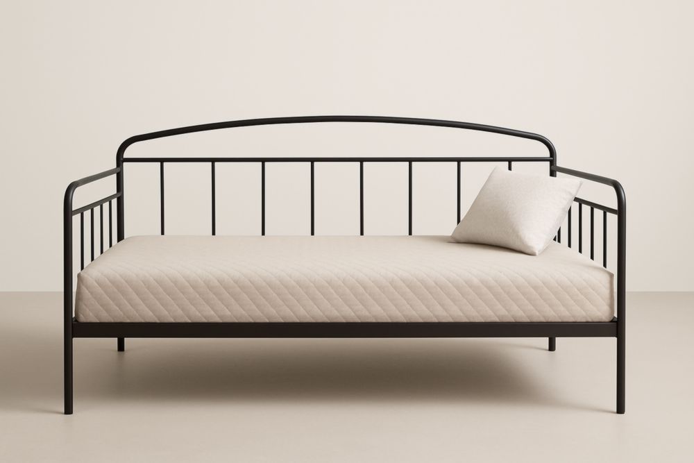 Letto giorno in acciaio nero con materasso in tessuto poliestere beige