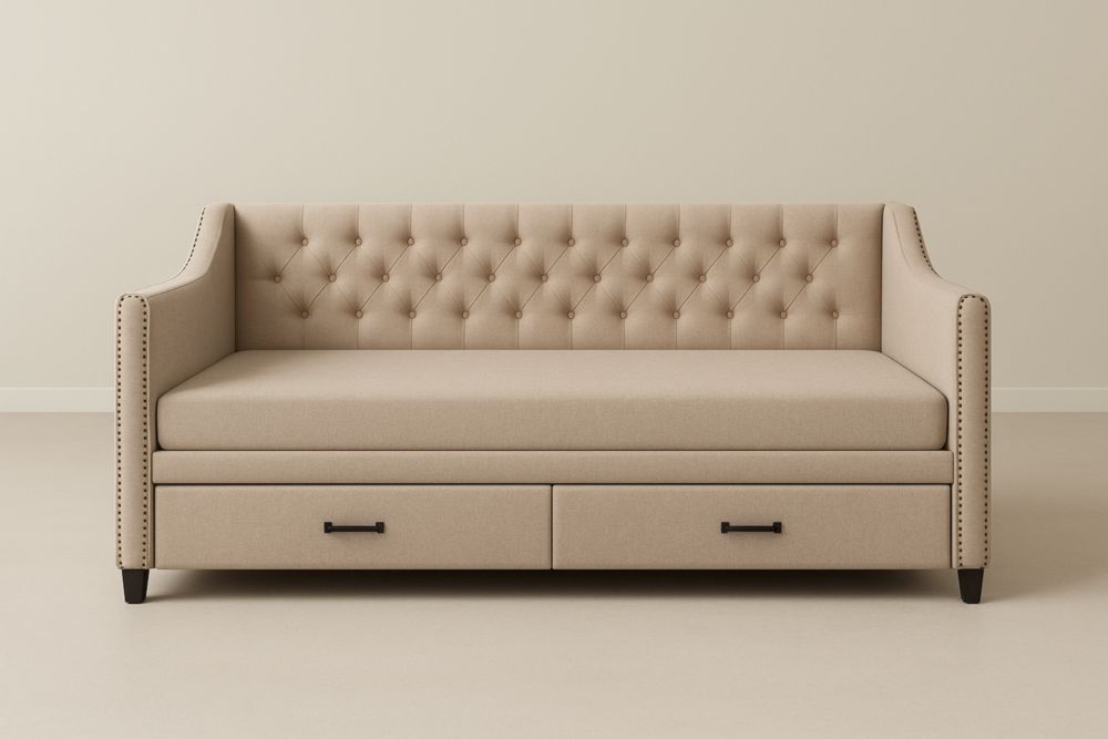 Letto giorno in tessuto poliestere beige con cassetti