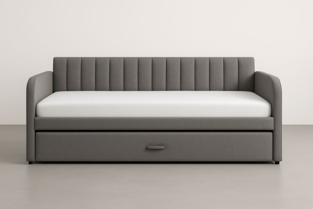 Letto giorno singolo in tessuto poliestere grigio con cassetto