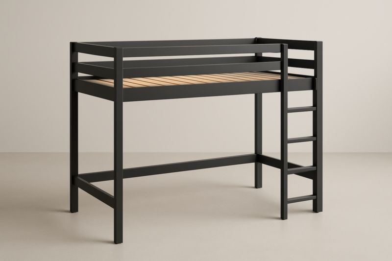 Letto a Soppalco Singolo 90x200 in Acciaio Nero con Scala Integrata e Doghe in Pino, Conforme EN 747