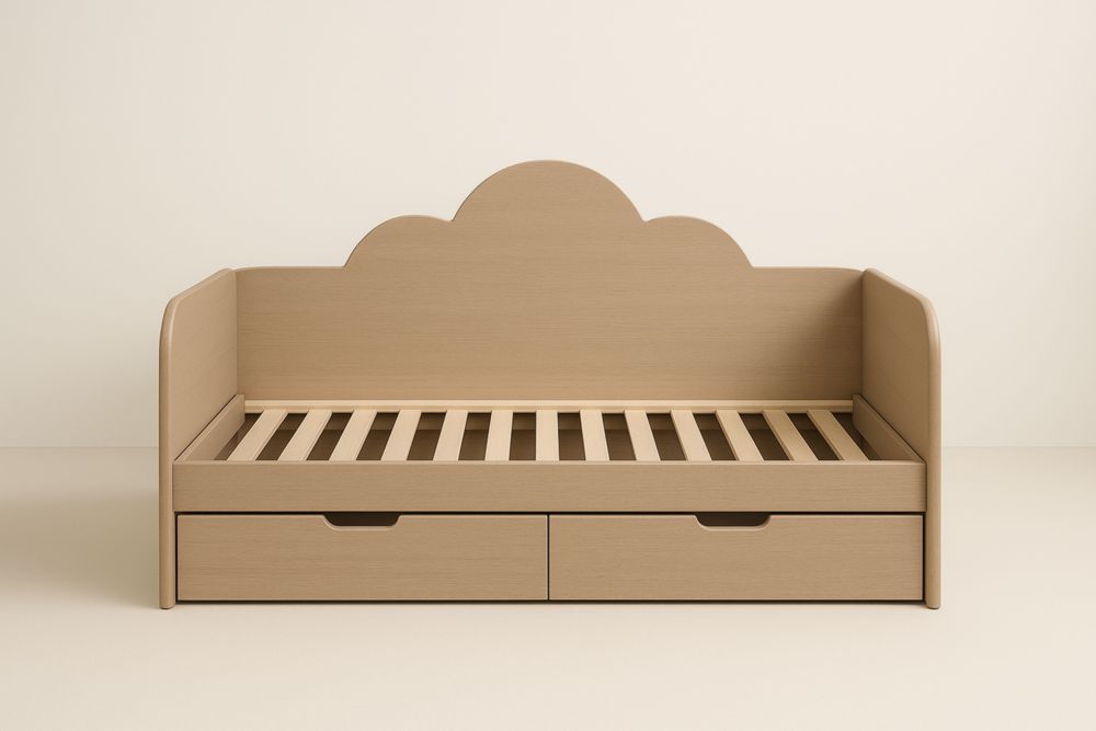 Letto per bambini in MDF con cassetti e schienale a forma di nuvola beige