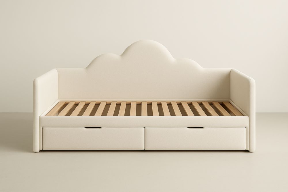 Letto per bambini a forma di nuvola in legno massello beige con cassetti e rivestimento in tessuto di poliestere
