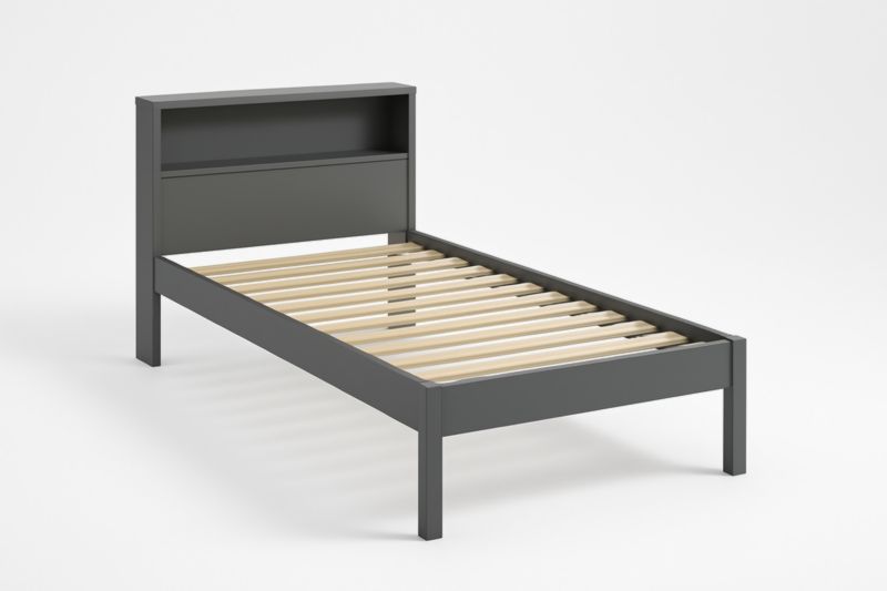 Letto 90x200 in MDF Grigio con Doghe in Pino Massello e Testiera con Libreria Integrata